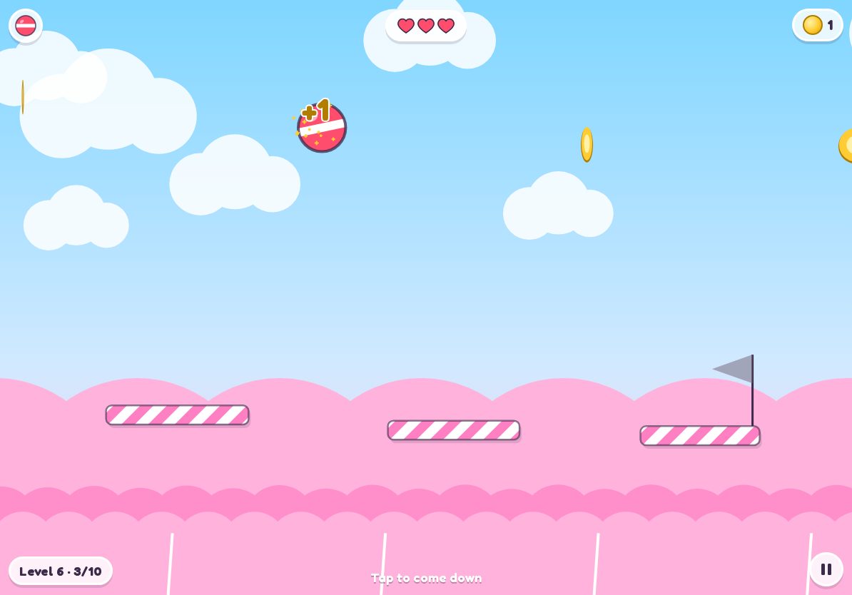 Cotton Candy world: a red ball hopping across striped candy platforms under a pink sky